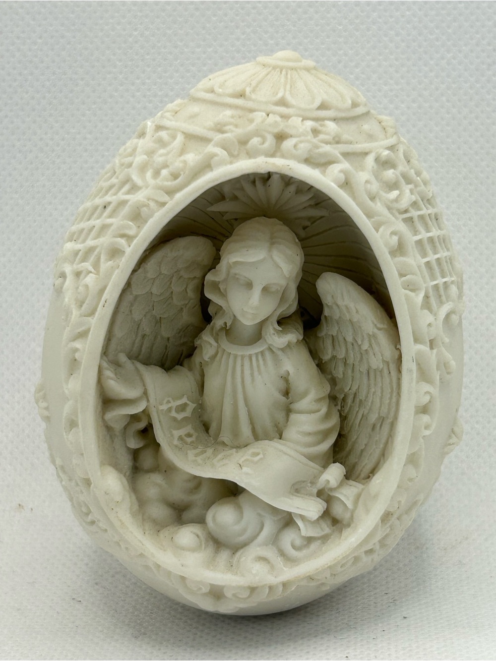 Angel Egg Figurine Ivory Decorative Home Art Peace Banner Religious 4 Inch